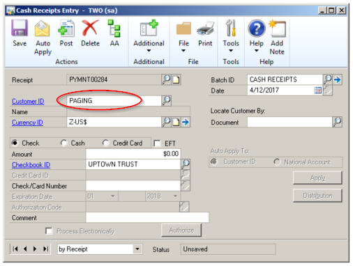 enter cash receipts in dynamics gp
