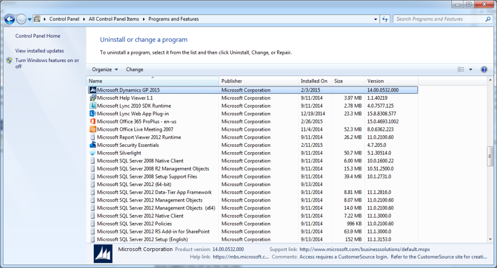 Dynamics GP Control Panel Programs and Features
