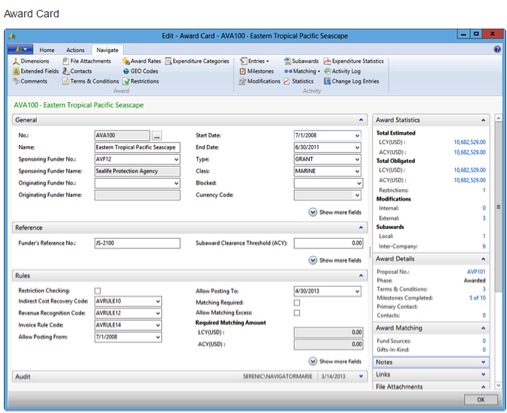 screen shot of an award card in Serenic Navigator