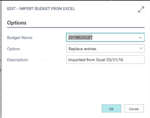 Excel import of Dynamics 365 Business Central budget