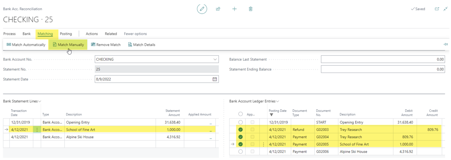 How to clear Bank Reconciliation in Business Central with no offsetting