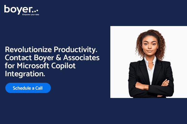 Promotional image featuring a confident businesswoman, with text encouraging contact with Boyer & Associates for Microsoft Copilot integration