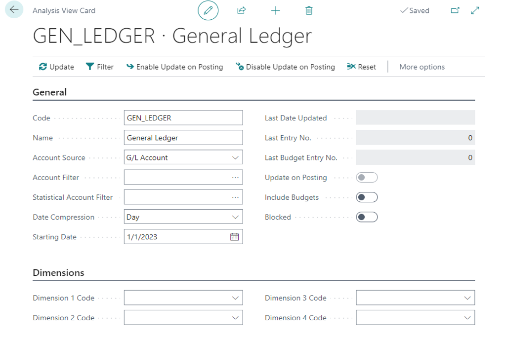 Business Central Analysis View screen