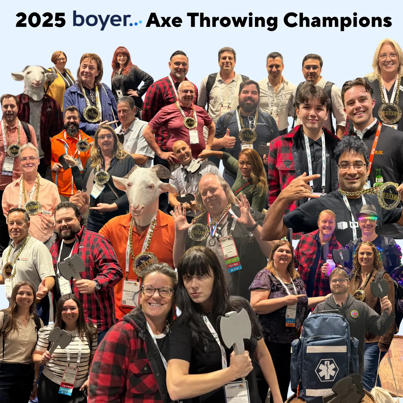 The 2025 Boyer team celebrating as Axe Throwing Champions at Community Summit, wearing G.O.A.T. medals